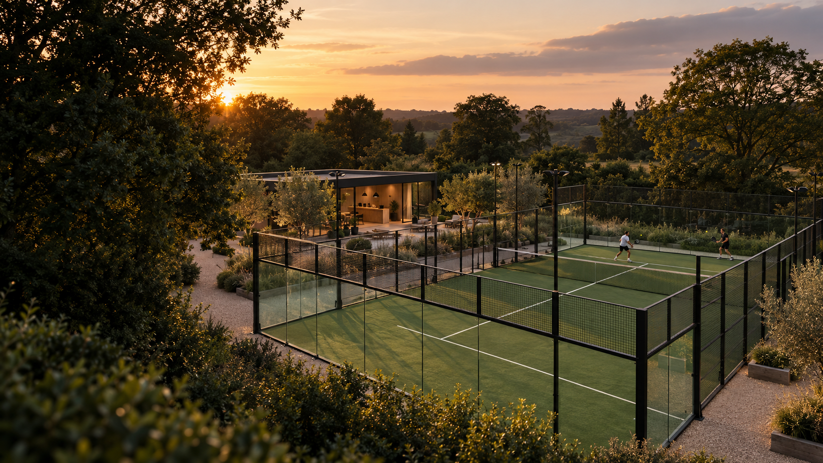 Illustrative Padel Portfolio clubhouse and padel courts among trees
