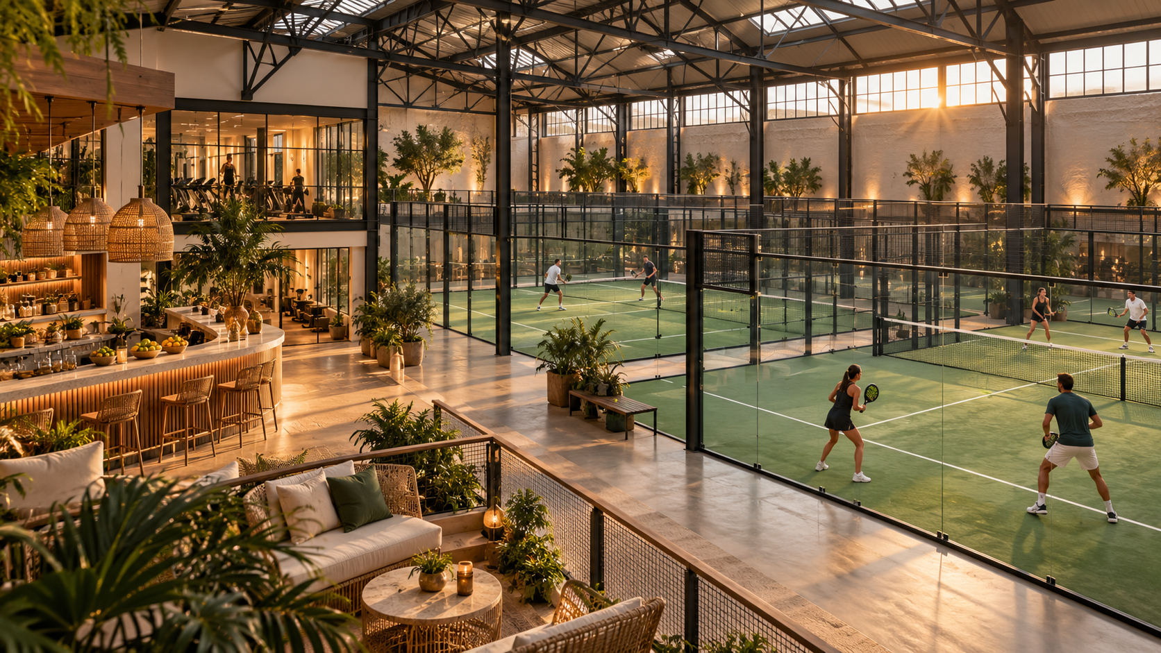 Illustrative indoor padel club design, with glass courts, a warm Longevity Bar and a gym within a converted warehouse