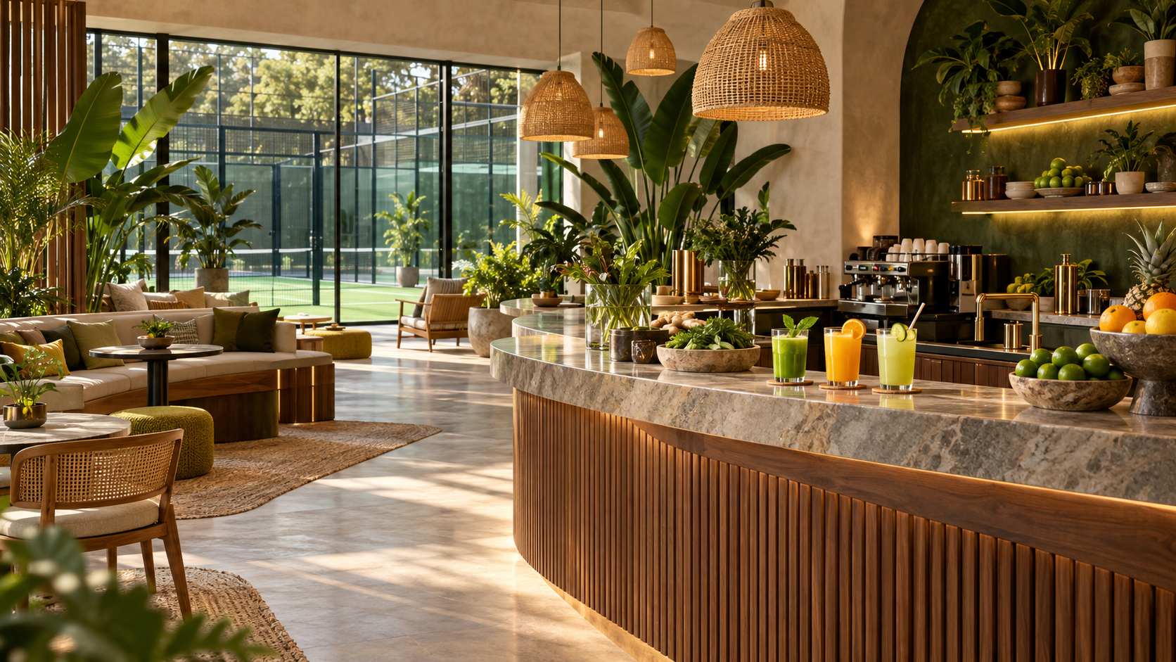 Bali-inspired Longevity Bar concept with warm timber, greenery and fresh juices